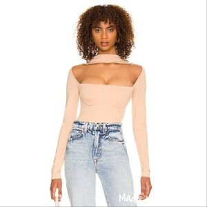 Not Yours To Keep Women's Dana Corsete Bodysuit Banded Neck Long Sleeve Nude Sm